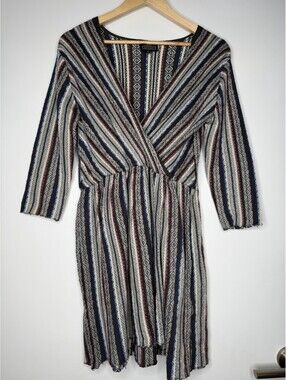 Angie Knit Sweater Wrap Front Dress Sz Small V-Neck 3/4 Sleeve Striped Mini